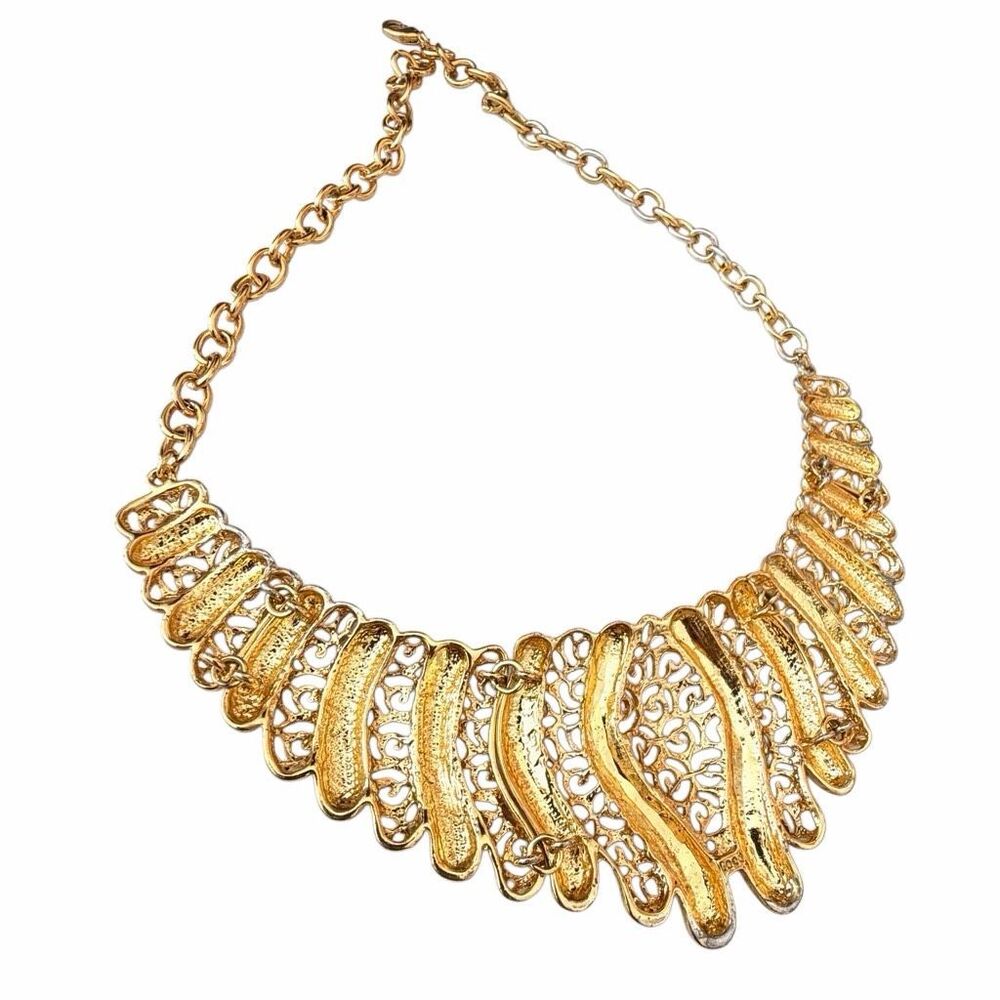 Gold Tone Filigree Statement Bib Necklace Textured Fringe Collar - Picture 5 of 8